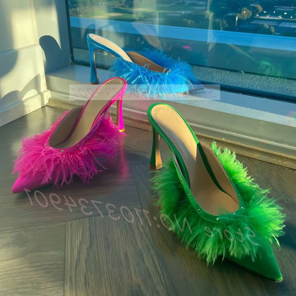 Court Heel Pointed - Sepatu Mules Wanita Berhak Tinggi Bulu